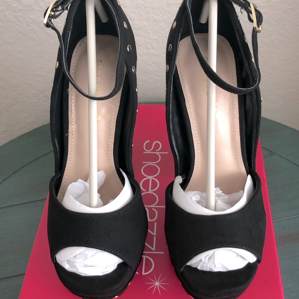 Black with Gold pins ankle strap heels